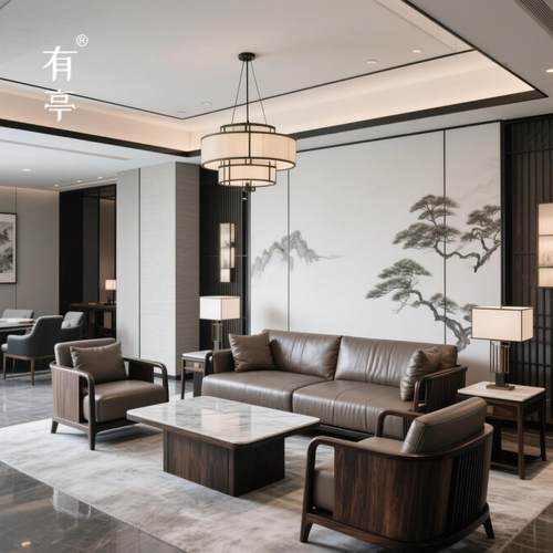 有亭新中式实木皮艺沙发别墅客厅家用现代简约黑胡桃木定制家具