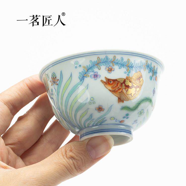 景德镇手绘青花斗彩鱼藻纹主人杯单杯中式复古手绘茶杯品茗杯茶具