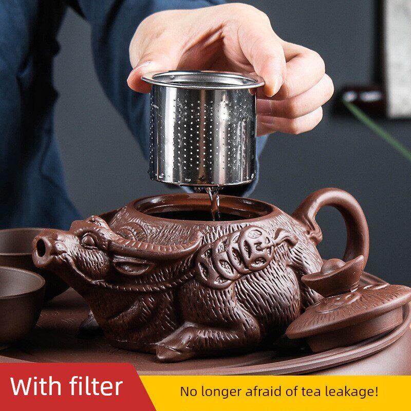 宜兴紫砂壶，不锈钢滤头首草牛壶，大花茶壶，家用泡茶机茶杯套装