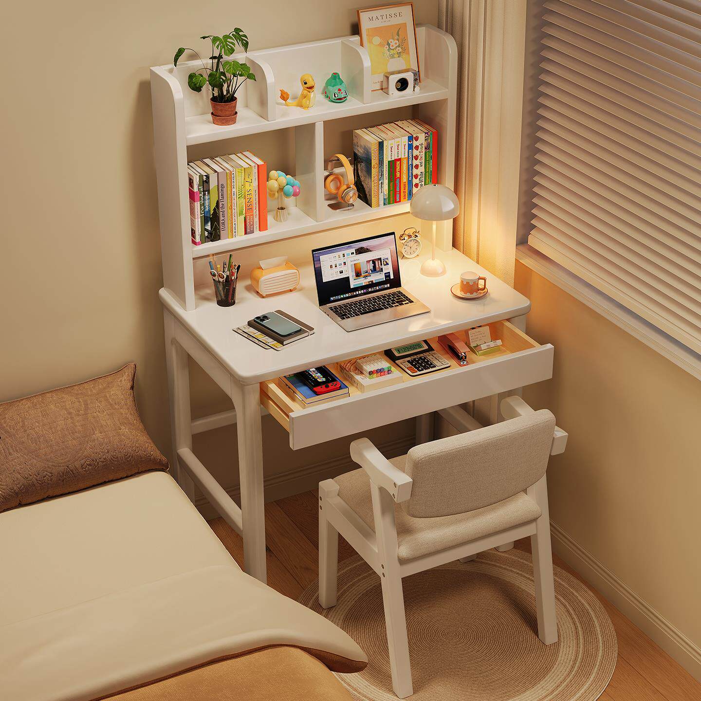 实木书桌书架一体家用儿童学习桌简约电脑桌小户型卧室学生写字桌