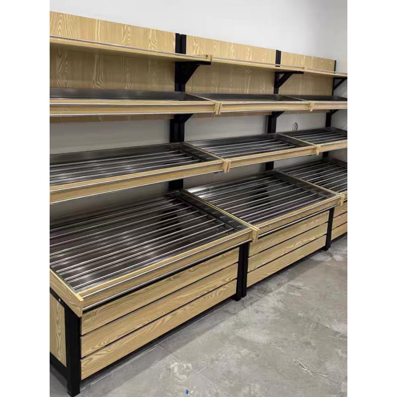 钱大妈三层两层蔬菜水果货架不锈钢果蔬展示架木纹转印收银台定制