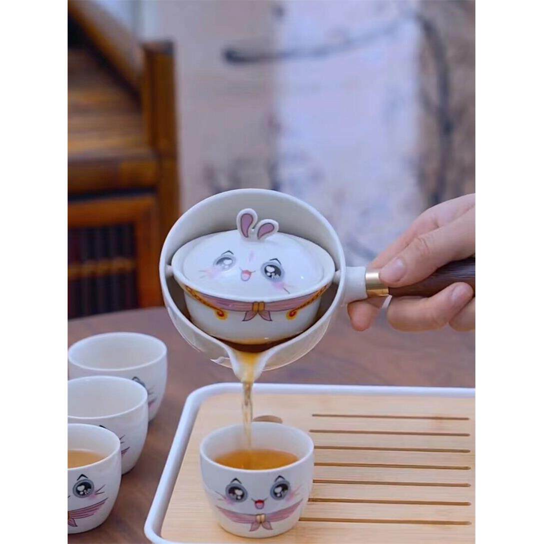 陶瓷可爱风茶杯茶具旅行露营外出套装创意懒人旋转茶水分离泡茶壶