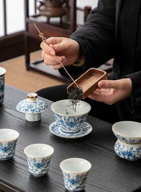 轻奢蓝白全套功夫茶具珐琅彩色花茶杯盖碗套家用茶杯陶瓷礼盒