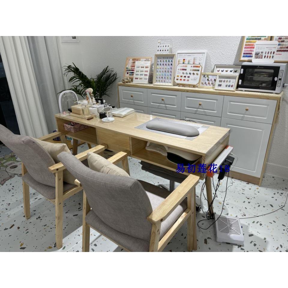 原木日式俄式实木单双人美甲桌美甲台多功能双层收纳美甲桌椅套装