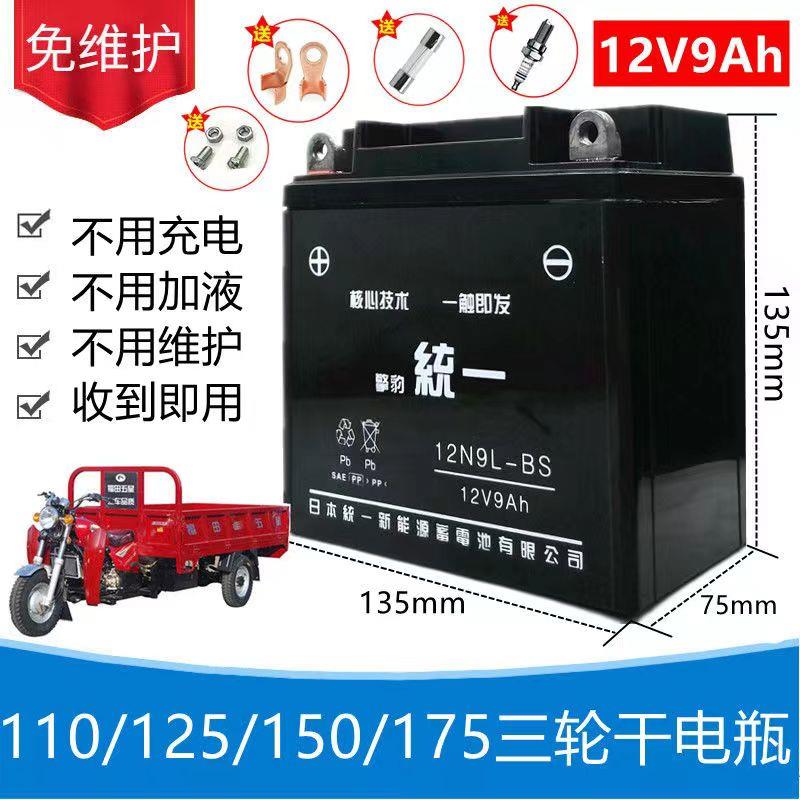 隆鑫大阳福田宗申110-175三轮摩托车擎豹统一免维护电池12V9A电瓶