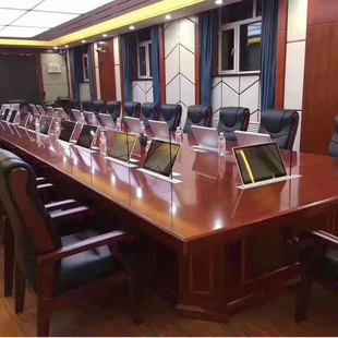 大型实木油漆智能会议桌长桌无纸化会议系统升降屏显示器办公条桌