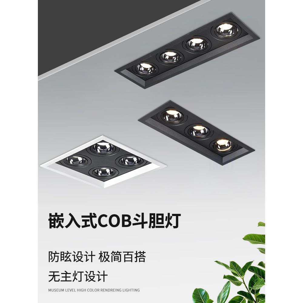 无主灯客厅照明四头斗胆灯LED格栅灯长方形射灯嵌入式天花灯三头