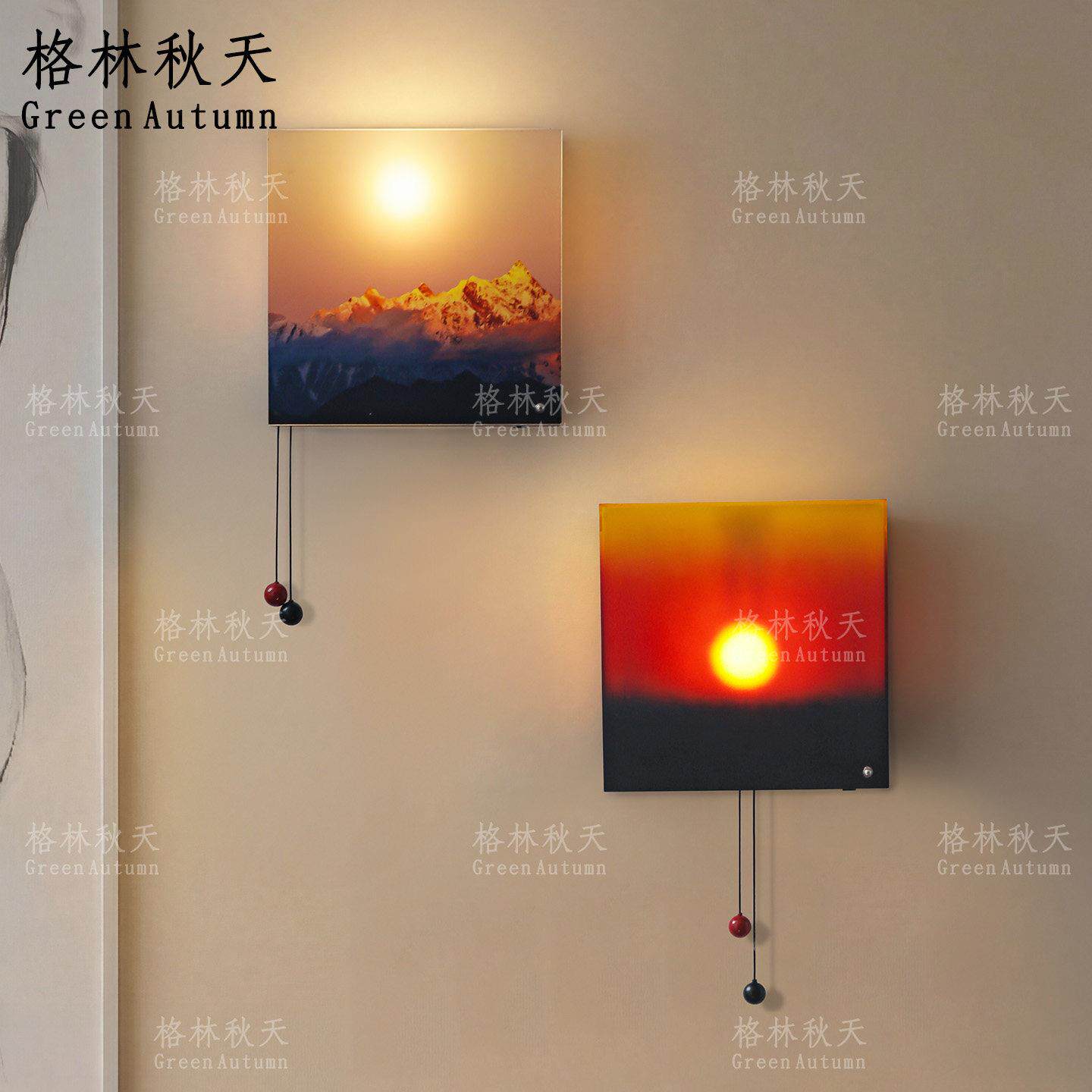 落日壁灯手拉升降日出夕阳玄关挂画气氛灯充电免布线卧室床头壁灯