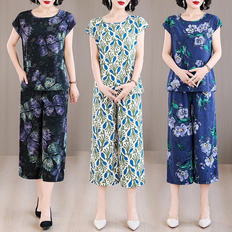 阔腿裤家居服女夏款端庄大气妈妈装短袖宽松轻薄透气棉绸睡衣套装