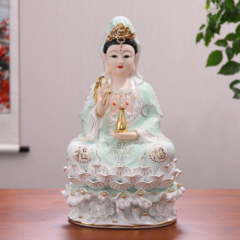 南海观世音菩萨陶瓷坐莲观音菩萨像家用新中式家居玉瓷工艺品摆饰
