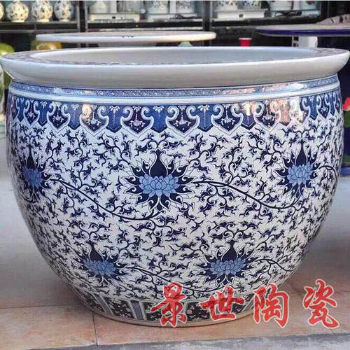 景德镇陶瓷大缸鱼缸乌龟睡莲缸青花手绘缠枝莲特大号客厅装饰摆件