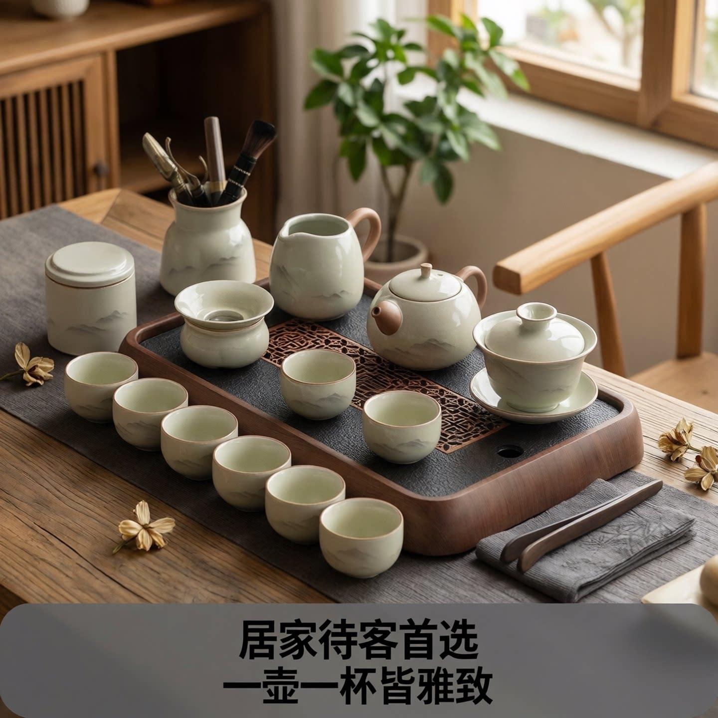 2026新款汝窑整套功夫茶具套组家用陶瓷整套茶盘喝茶泡茶壶盖碗杯
