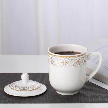 泡茶杯陶瓷茶杯带盖骨瓷水杯景德镇家用办公会议金边杯子可定制