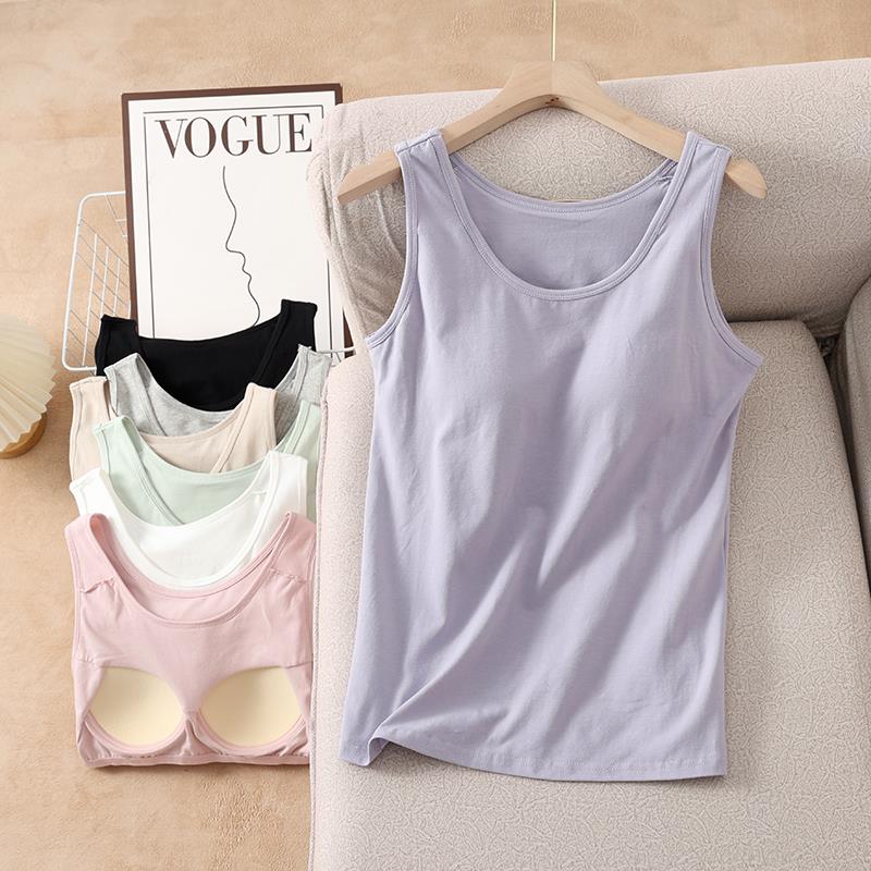 夏季纯棉女带胸垫打底背心免文胸罩杯一体无钢圈瑜伽春秋内搭睡衣
