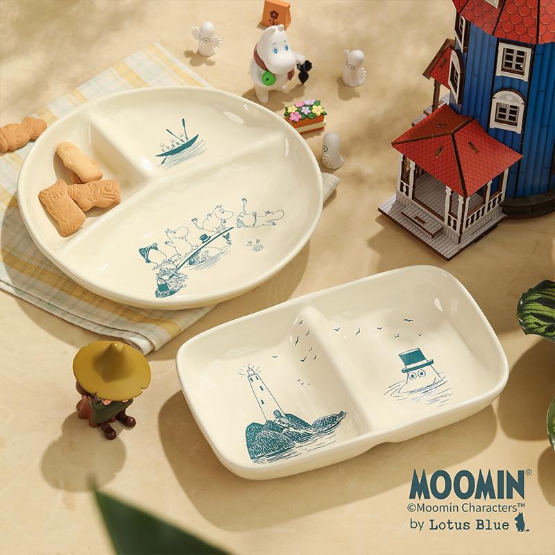 MOOMIN姆明餐具下午茶点心盘儿童两格三格分餐盘陶瓷椭圆形盘子