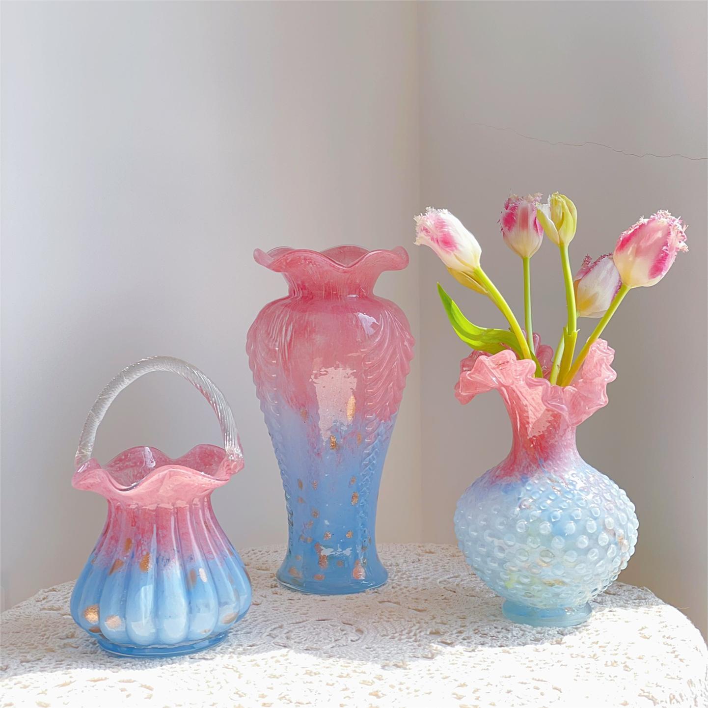 中古芬顿花边粉蓝色渐层洒金手工琉璃花瓶水培插花器家居软装摆件