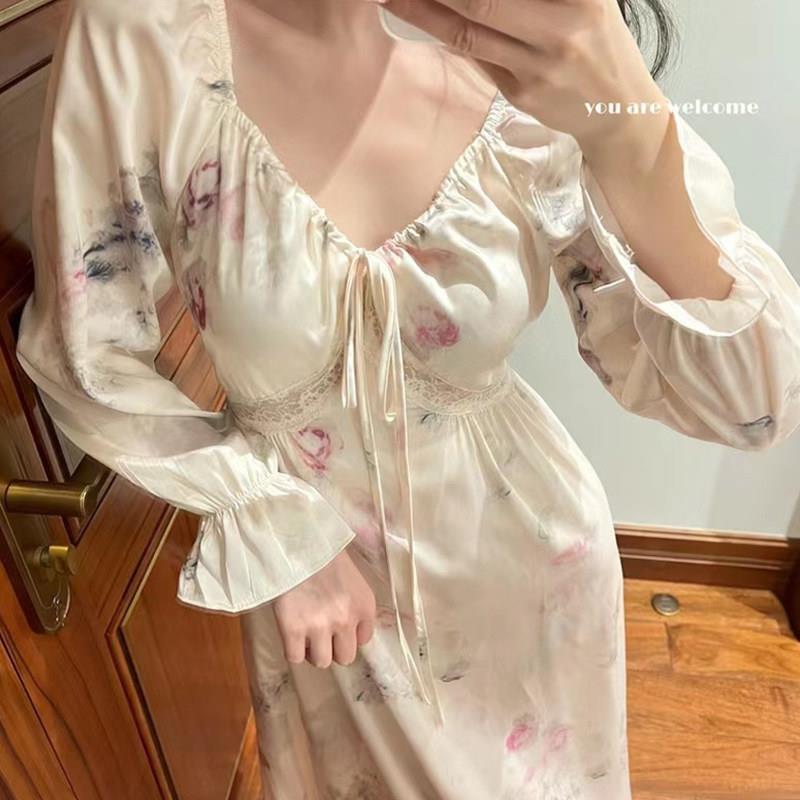 2024新款冰丝睡衣女春秋中式国风水墨画长袖睡裙仙女风睡袍家居服