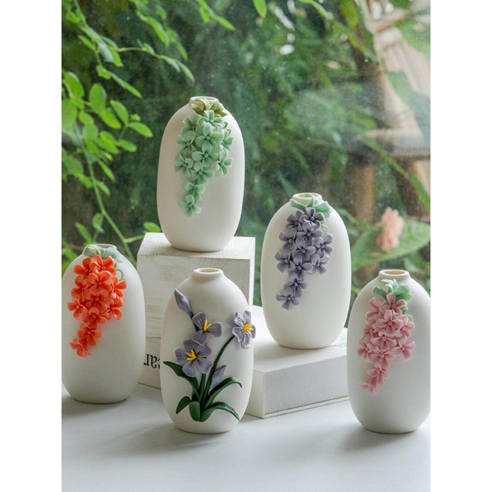 德化白瓷素烧陶瓷花器中式家居手工手捏花瓶餐桌面装饰品水培摆件