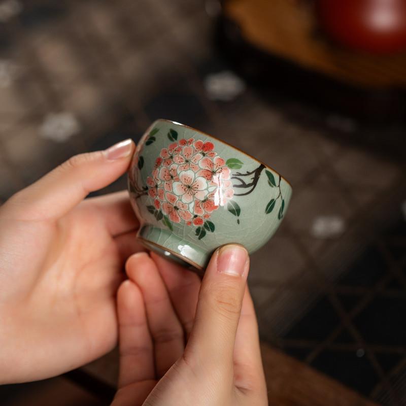 釉下彩手绘绣球花茶杯品茗杯全手工单杯复古景德镇陶瓷茶具主人杯