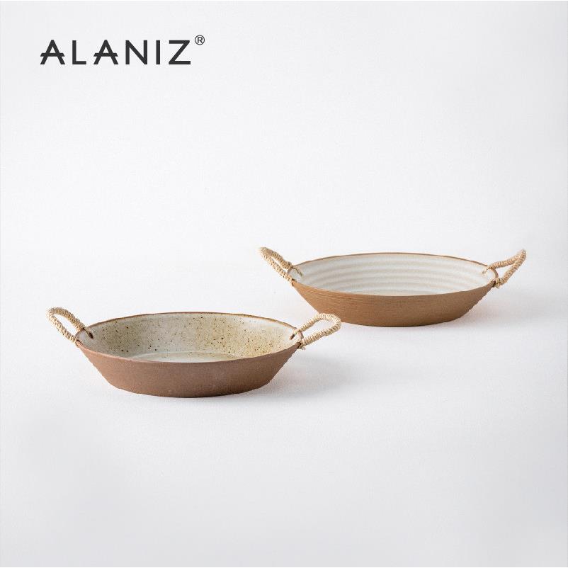 alaniz南兹景龙潭黄色螺纹麻绳双耳盘藤编陶瓷盘子汤盘家用餐具