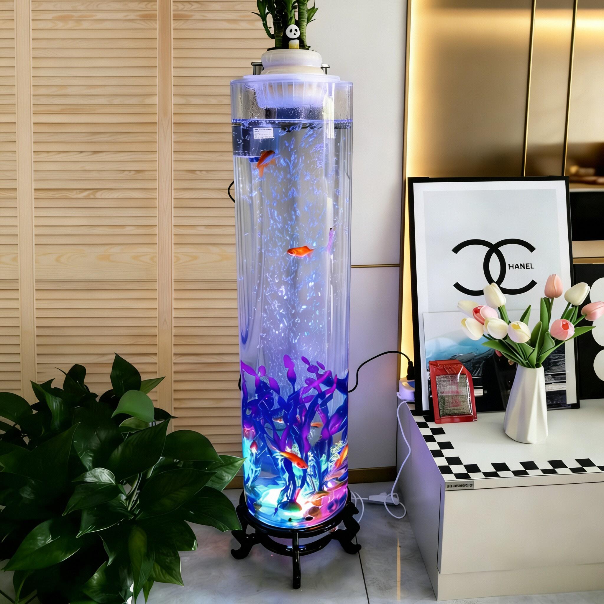 水培养鱼一体超白玻璃鱼缸办公室桌面充氧过滤灯光金鱼缸全套造景图片