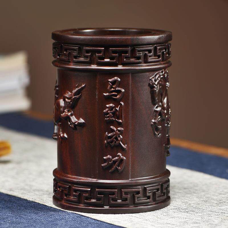 黑檀木马到成功笔筒红木学生办公桌收纳实木制笔筒木雕刻送礼盒装