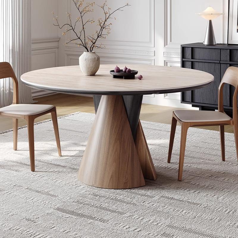 洞石岩板餐桌可变圆桌椅组合小户型家用方圆两用可伸缩折叠圆饭桌