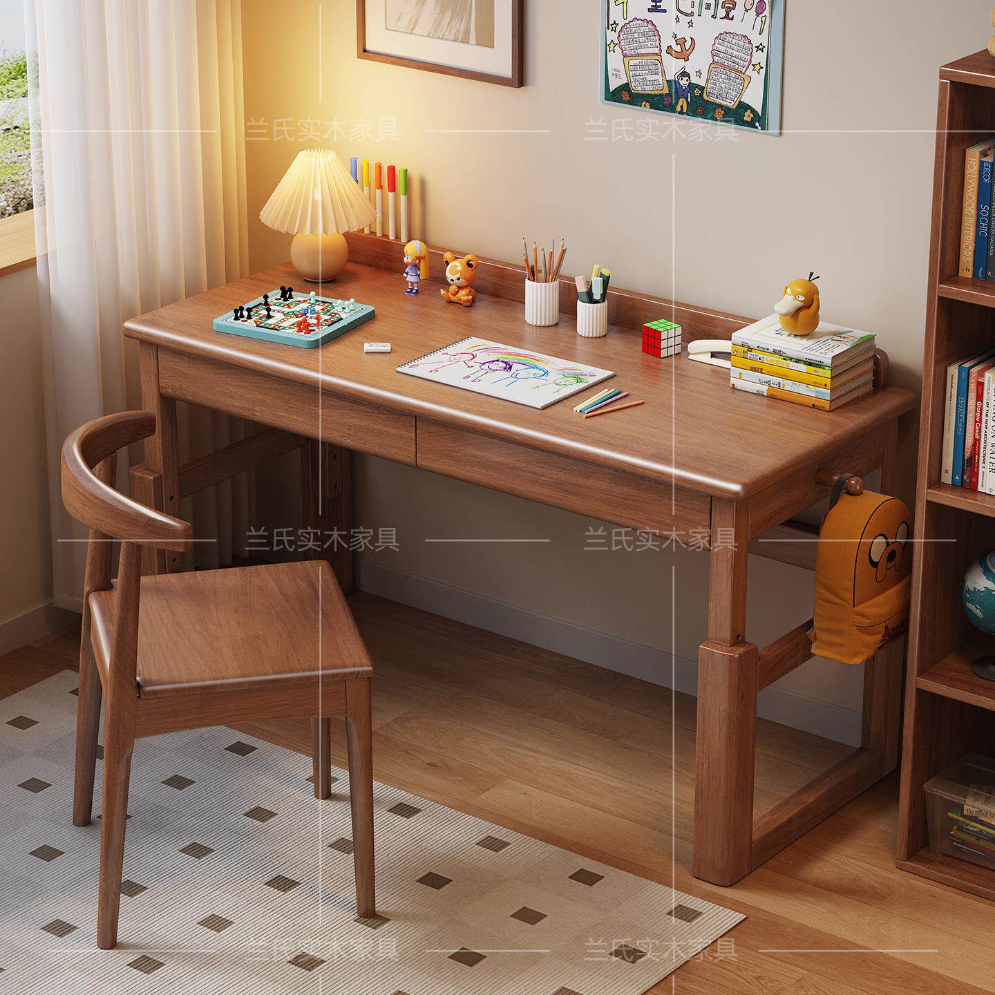 实木儿童书桌现代简约学习桌小学生家用课桌椅卧室可升降书桌子