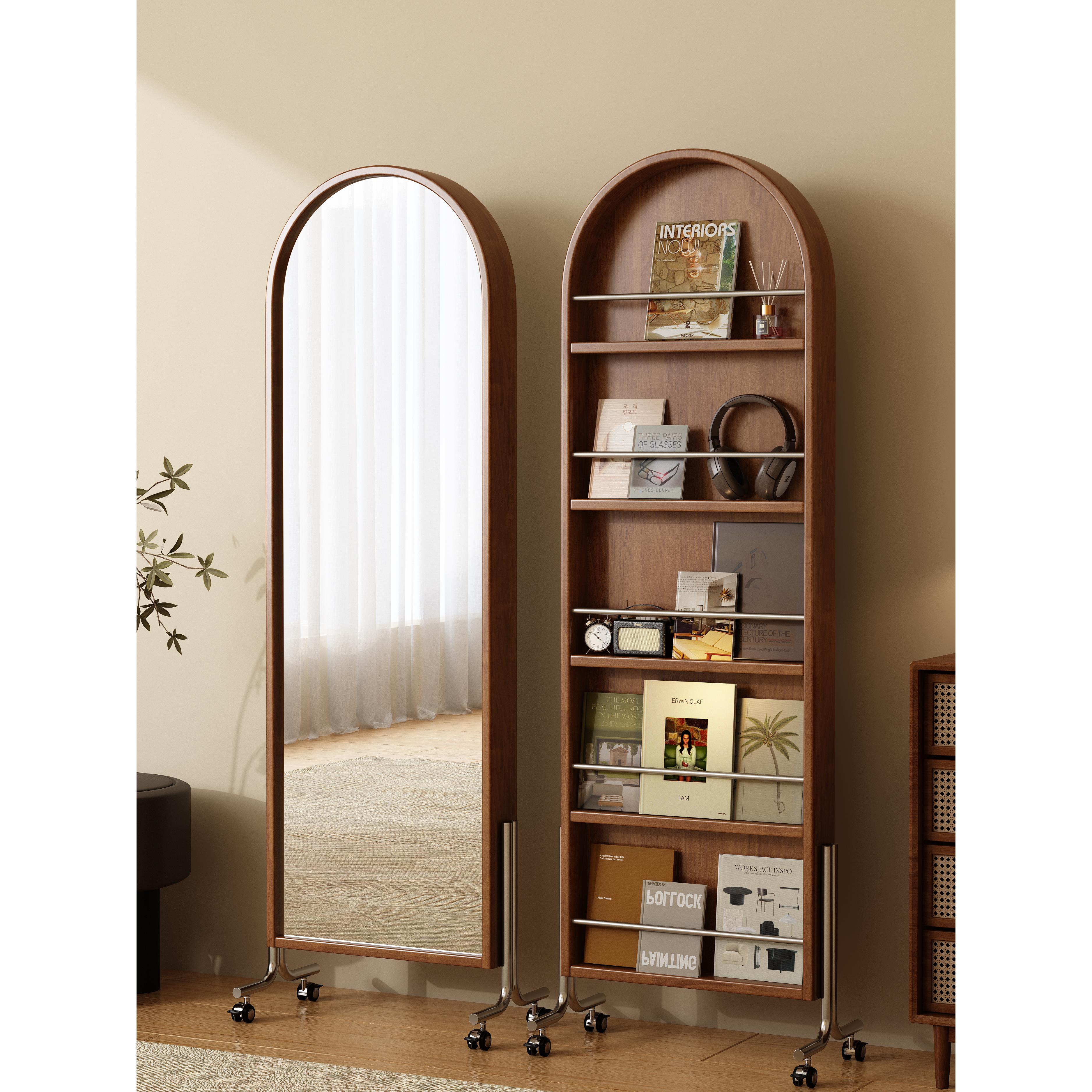 可旋转全身镜杂志书架覆中古风落地移动家用穿衣镜子一体置物实木