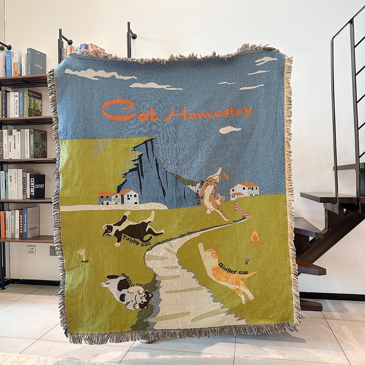 小猫公社装饰挂毯毯猫咪插画休闲纯棉编织沙发毯中古风壁毯