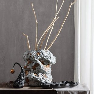 灰白侘寂风手工粗陶瓷花器客厅玄关博古架插花样板房间软装 饰品