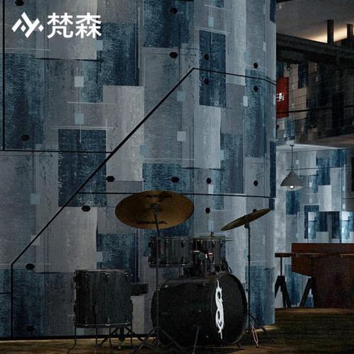 复古水泥灰色方块格子墙纸蓝色黑色客厅餐厅酒吧工业风壁纸非自粘