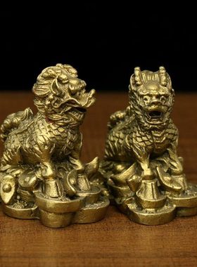 实心纯铜小号财福麒麟摆件客厅玄关书房书桌办公桌工艺品黄铜麒麟