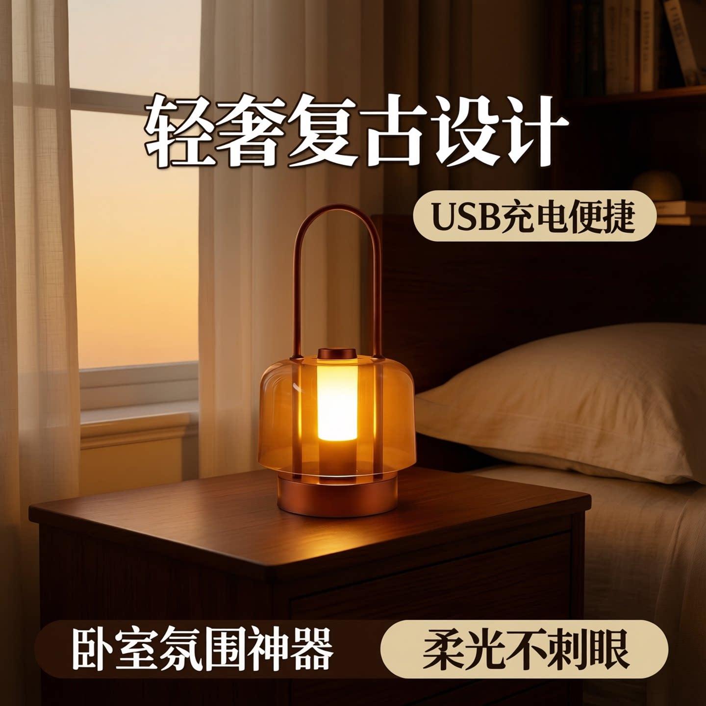 LED复古手提小夜灯轻奢卧室床头温馨氛围灯USB充电桌面装饰台灯