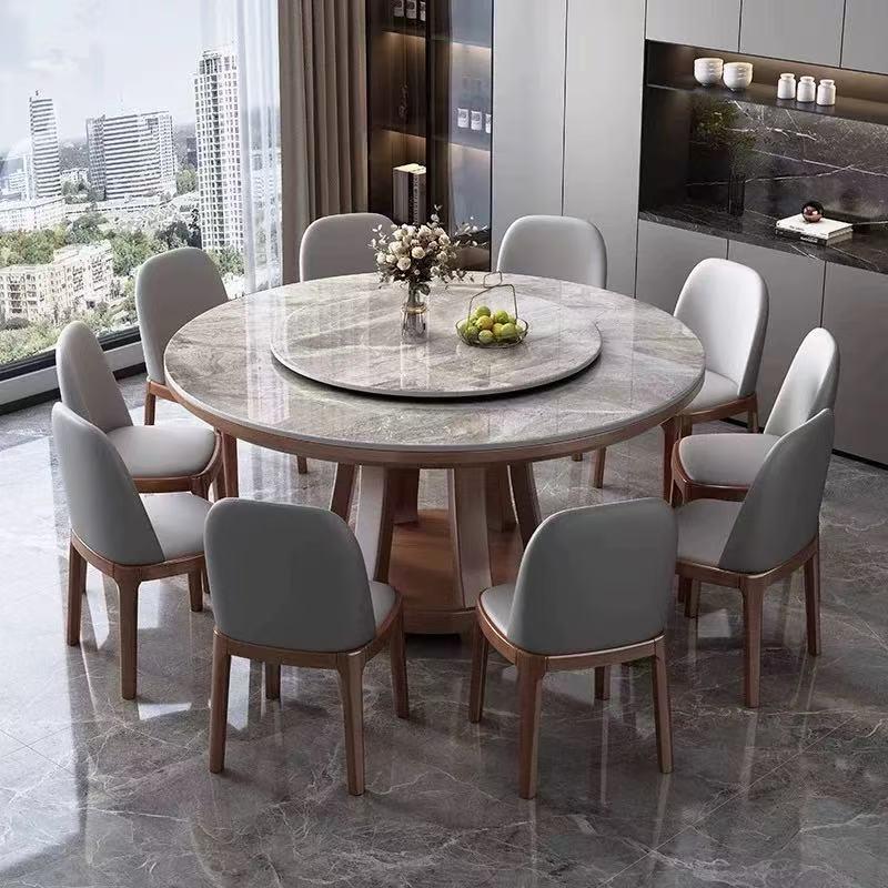 岩板餐桌椅组合现代简约家用圆桌轻奢小户型带转盘饭桌实木大圆桌