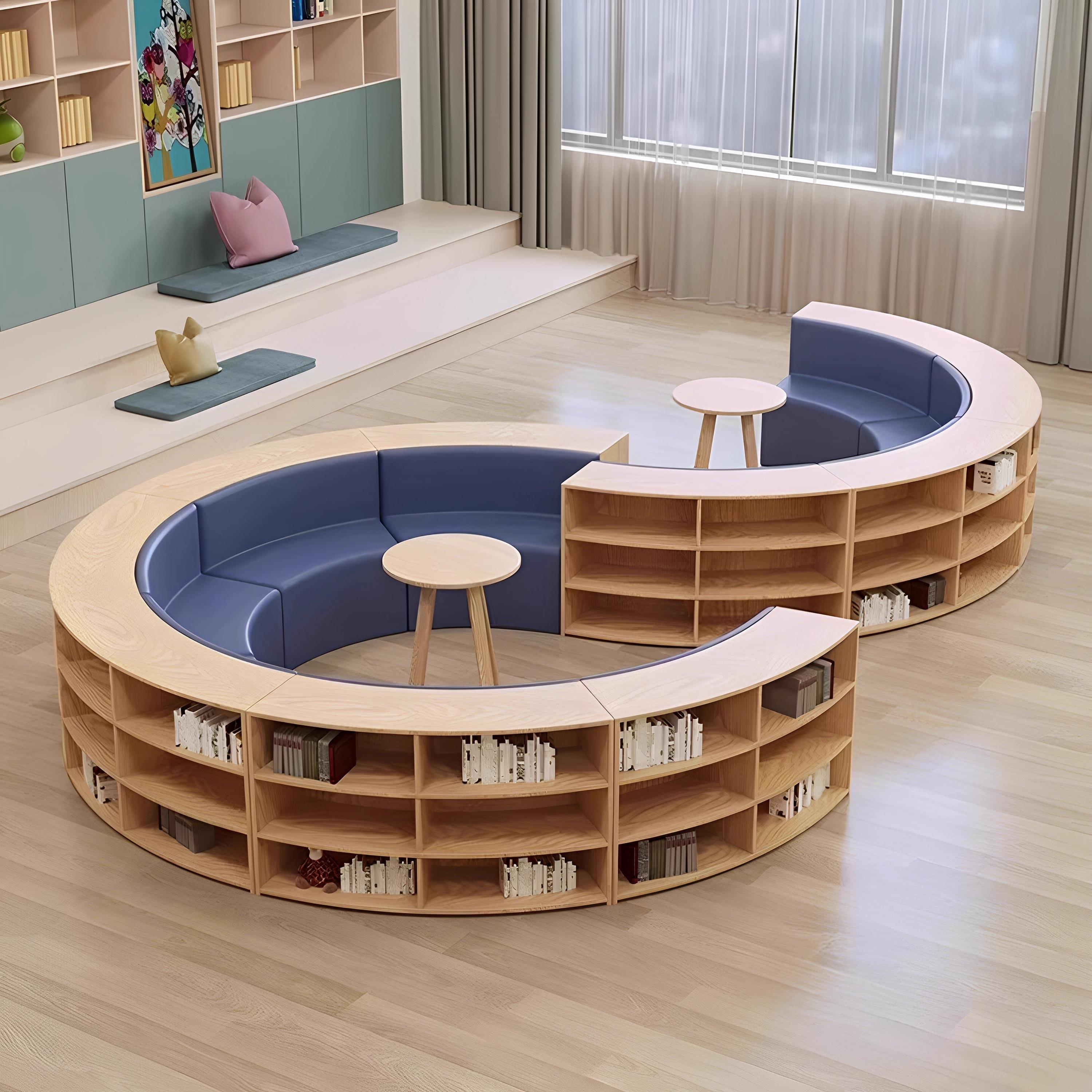 幼儿园图书馆阅读区创意实木书架沙发学校大厅异形带储物弧形沙发