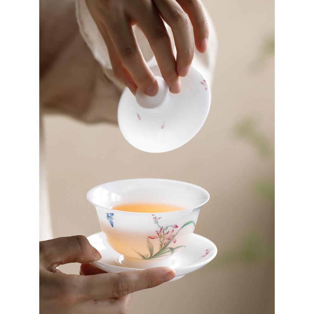 德化白瓷羊脂玉三彩不热冰籽兰盖碗茶杯茶杯茶杯茶具功夫套装