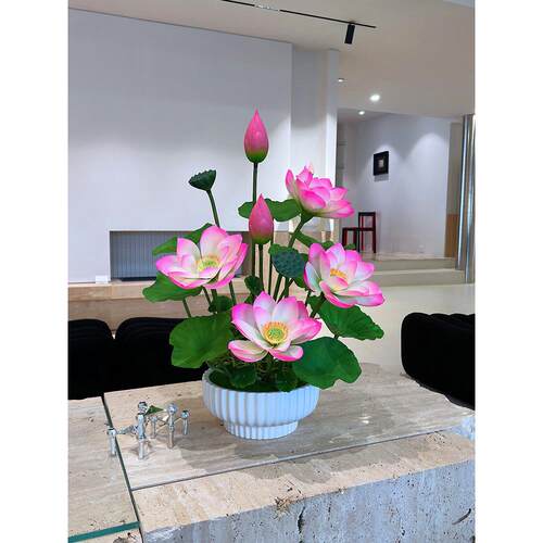 喜语高档手感荷花彷真花佛堂供佛莲花新中式客厅莲花摆件假花盆栽