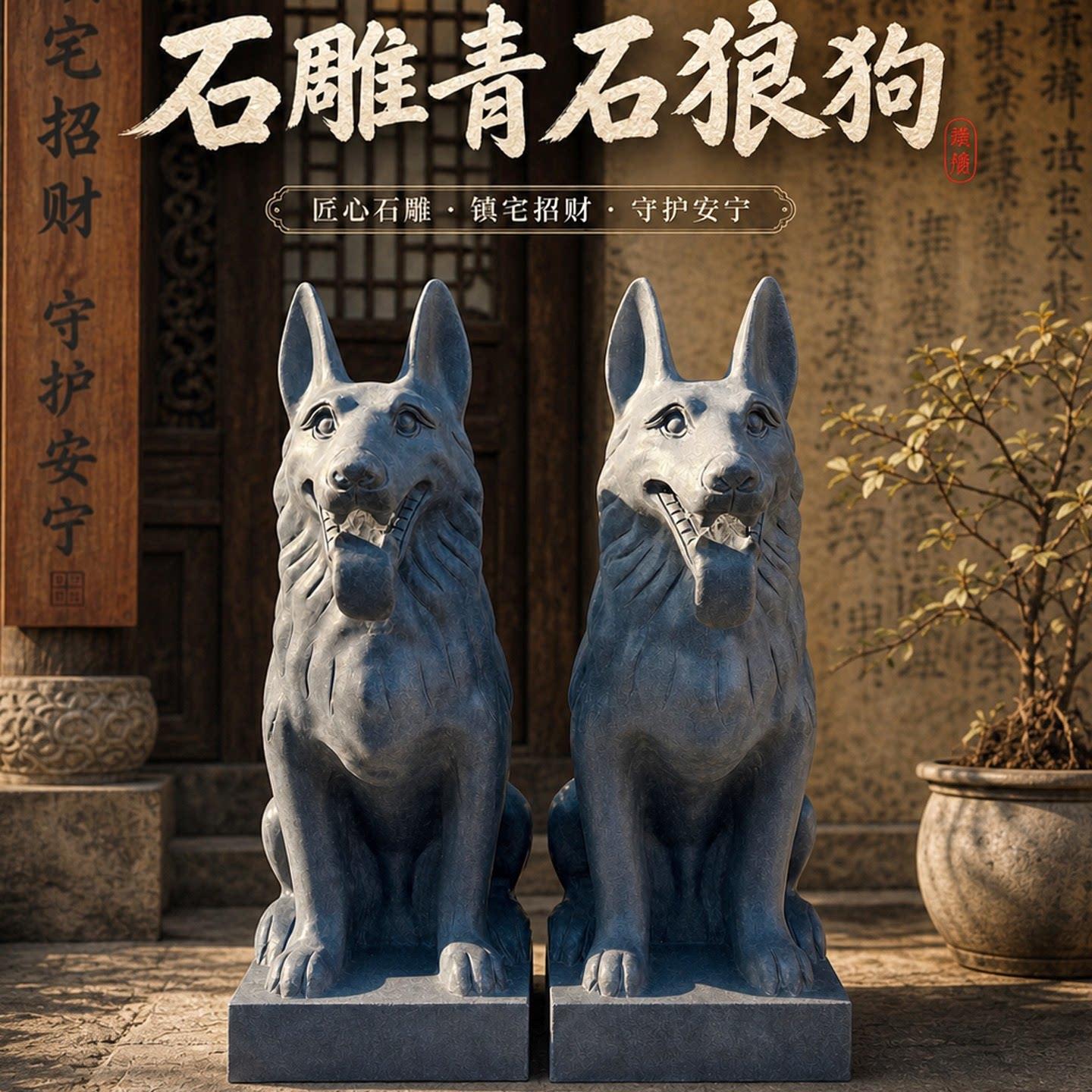 石雕青石狗摆件一对看门镇宅风水狗工艺礼品摆饰狼狗嘉祥石雕石头