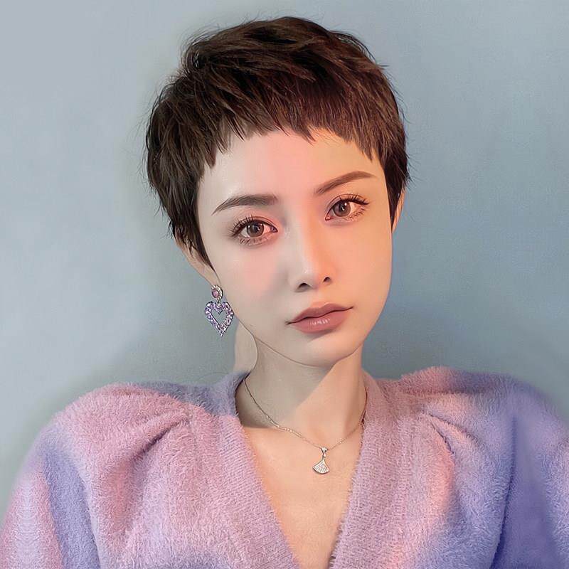 假发女短发真发中老年女士短直发真人发丝时尚整顶全头套式假发套
