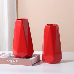 喜庆红色陶瓷花瓶一对玫瑰彷真花结婚奉佛摆件新居乔迁新年装饰品