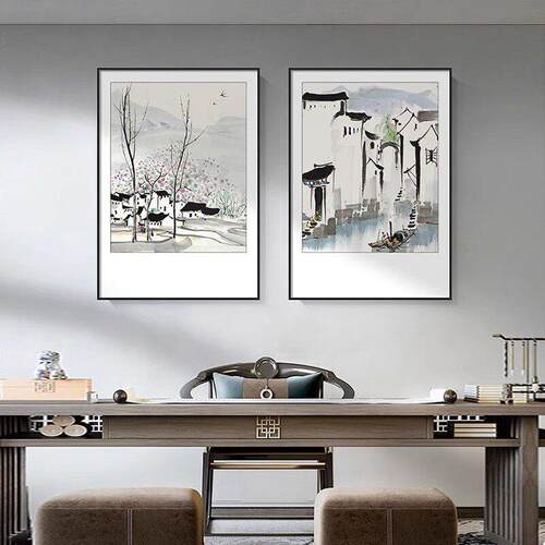 吴冠中江南水乡水墨画新中式客厅组合装饰画餐厅民宿背景墙挂画