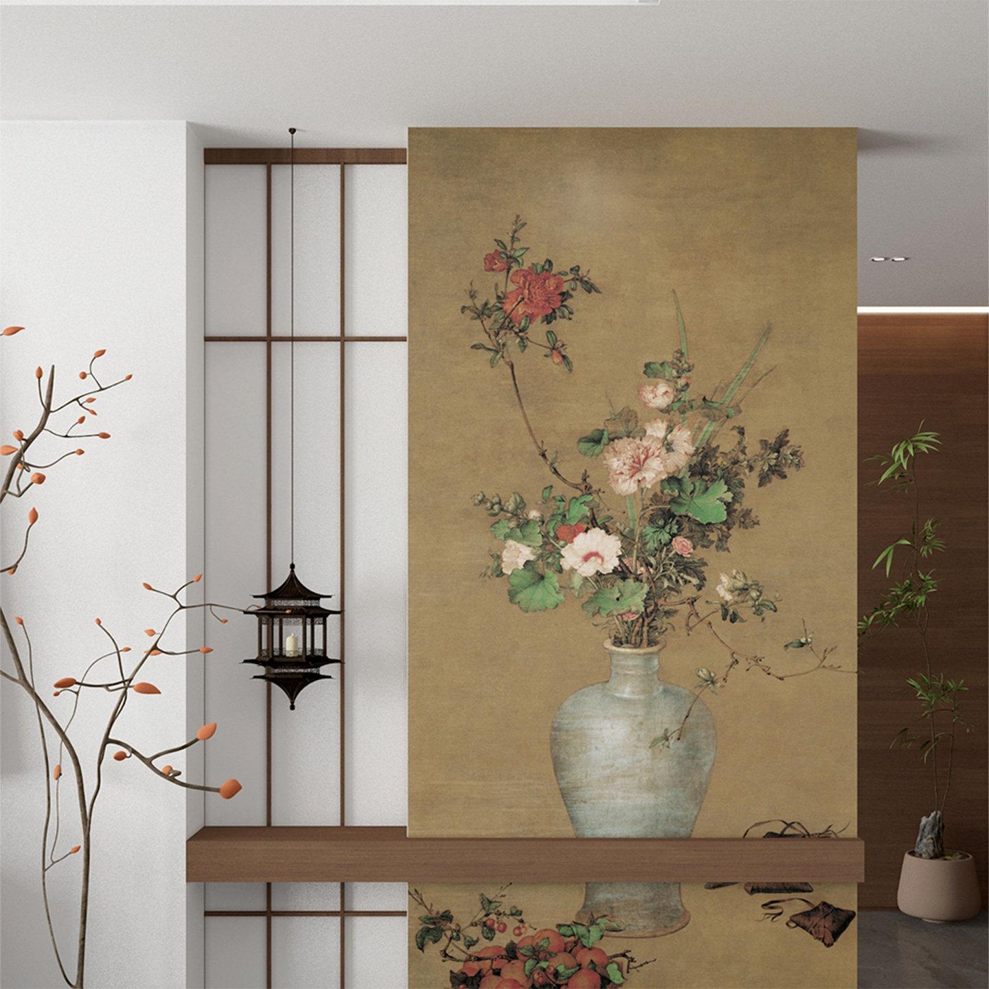 古画梅瓶花卉玄关墙面装饰贴画茶室中国画背景墙午瑞图墙贴纸定制