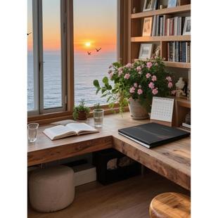 覆古窗台转角连体书桌书架台连体原木书架定制全实木书房书桌房间