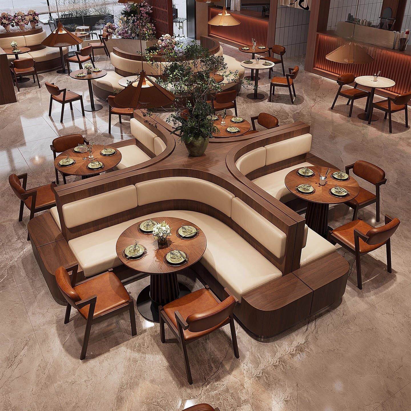 网红西餐厅l型弧形转角卡座沙发桌椅组合定制商用餐饮餐桌大圆桌