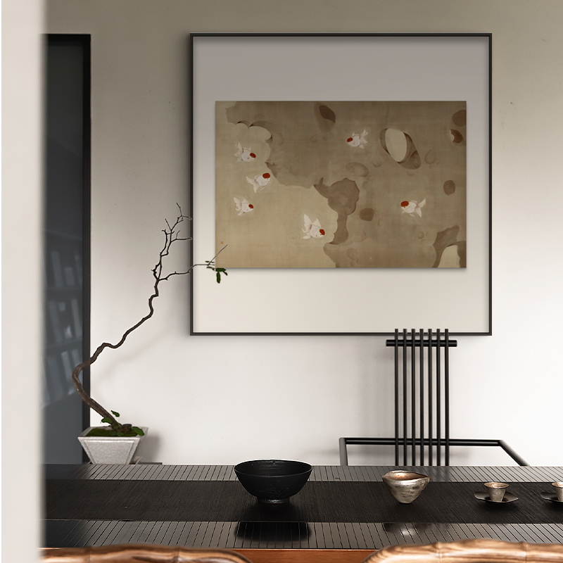 新中式鱼装饰画侘寂中古风双层入户玄关客厅沙发背景墙太湖石壁画图片