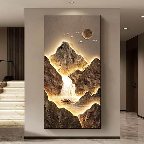 聚宝盆山水画玄关装饰画竖版灯画高级感入户正对门画走廊过道挂画