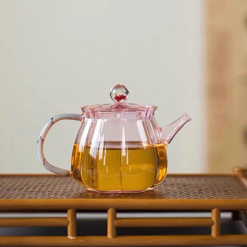 璃享粉色梅花小壶公道杯耐热侧把玻璃泡茶壶高档玻璃茶具套装礼盒