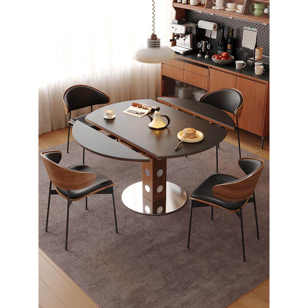 中古风实木岩板餐桌椅组合现代简约家用小户型折叠可伸缩方圆两用