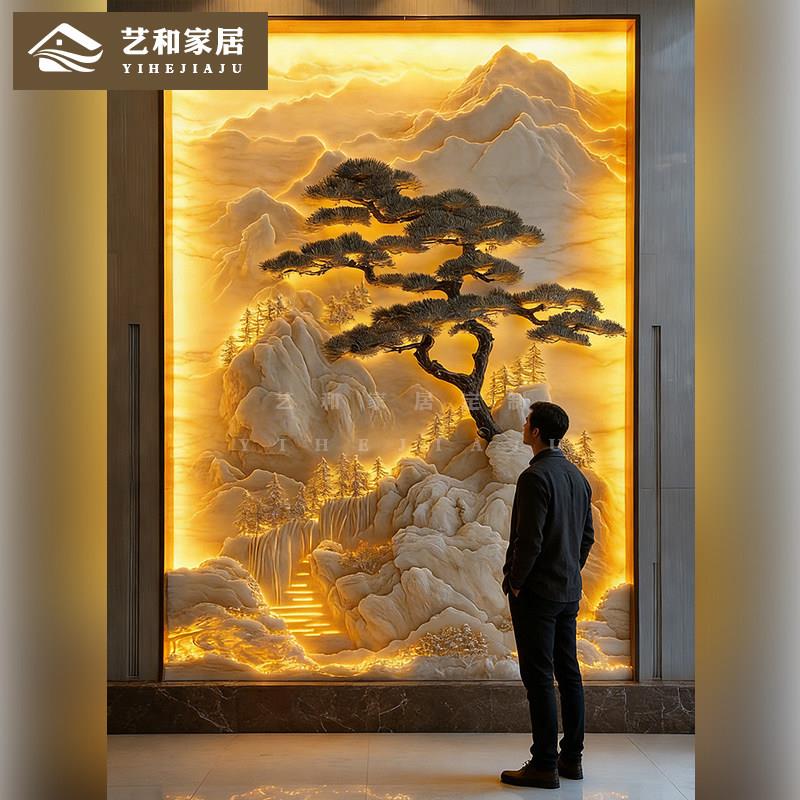 立体浮雕背景墙新中式客厅电视沙发玄关肌理纹描金山水浮雕装饰画